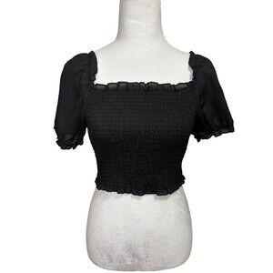 Smocked Crop Top Womens S Black Puff Sleeve Milkmaid Whimsigoth Cottagecore